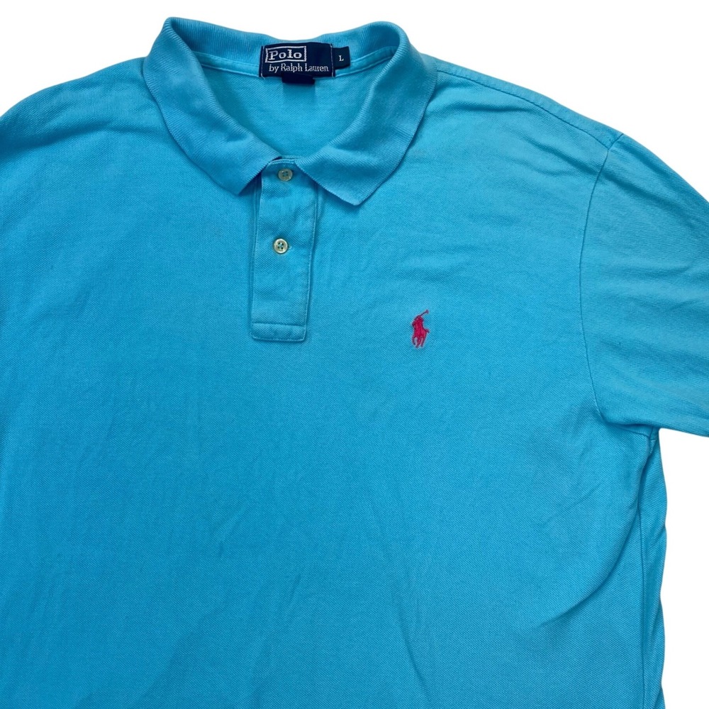 Polo Ralph Lauren Polo Shirt Mens L Cyan Blue Short Sleeve Pique Red Pony Logo